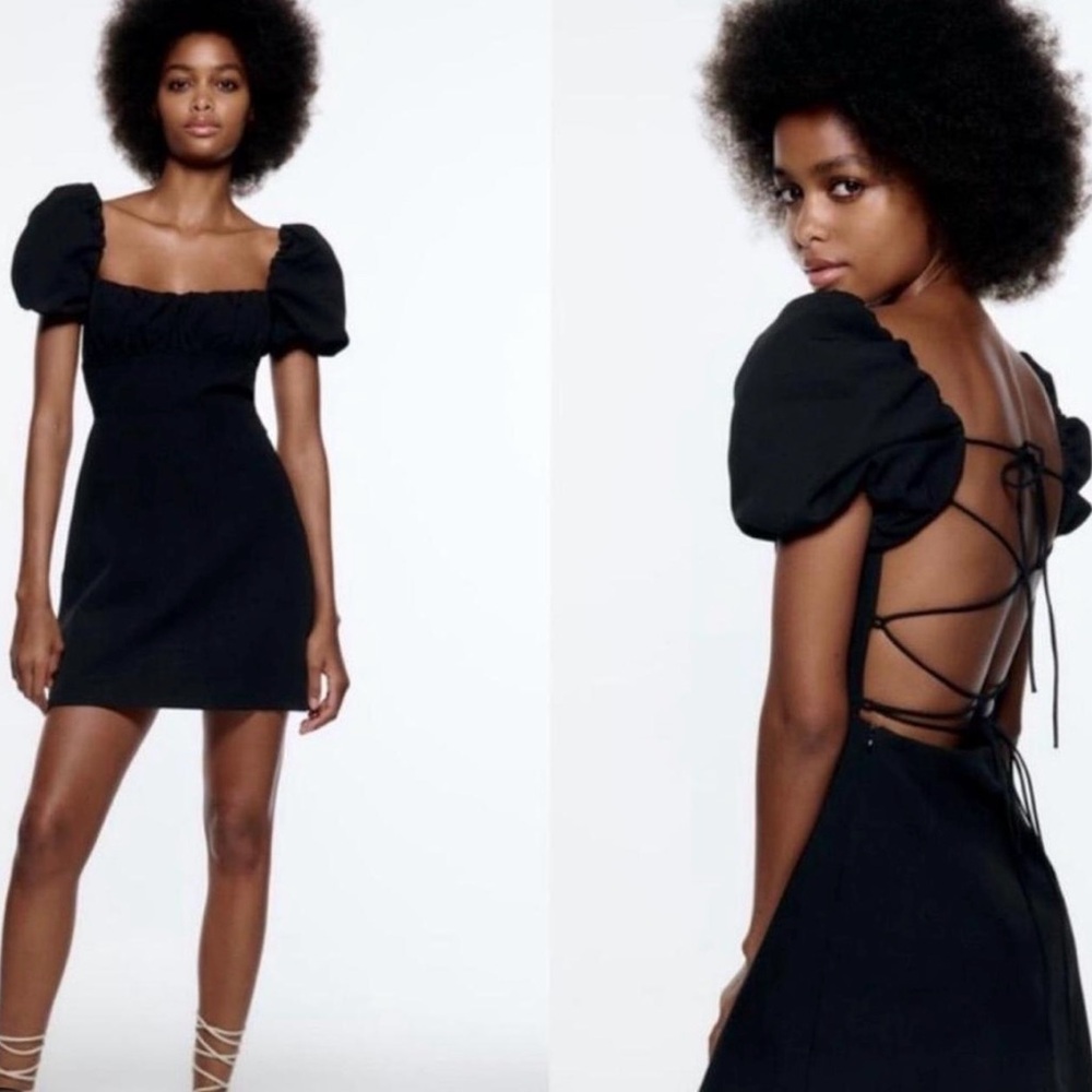Zara Black Puff Sleeve Mini Dress with Lace Up Back